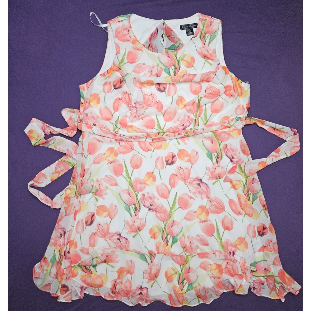 Jessica Howard Pink Tulip Floral Ruffle Hem Sleeveless Chiffon Dress 14W